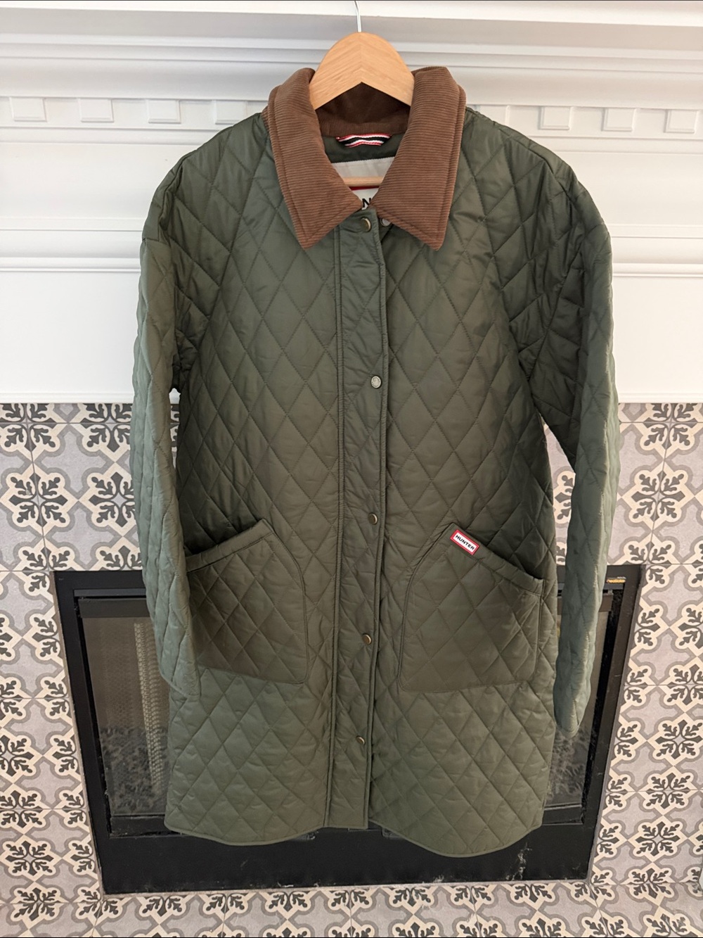 RARE Hunter Quilted Barn Jacket Puffer LONG Corduroy Collar Green NWT L M - Picture 2 of 6